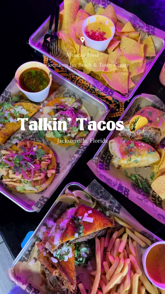 Talkin’ Tacos Jacksonville Beach in Jacksonville Beach showing review, mangonada, mystic lemonade, queso, street corn, california burrito, birria grilled cheese, video by aleiastraveldiary on TikTok