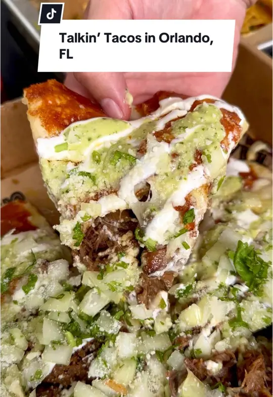 Talkin Tacos in Orlando showing visit, birria grilled cheese, birria pizza, tomato soup, birria ramen, horchata, takis queso, chamoy and tajin gummies, video by christinainitalia on TikTok