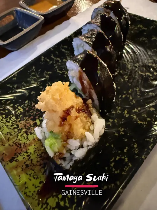 Tamaya Sushi in Gainesville showing sushi, all you can eat sushi, video by achunkeemunkee on TikTok