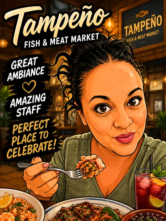 Tampeño Fish And Meat Market in Tampa showing restaurant visit, warm atmosphere, exceptional service, celebration venue, video by varmors on TikTok