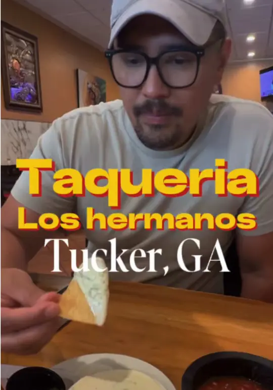 Taqueria Los Hermanos in Tucker showing review, hot chips, queso with jalapeños, wet burrito, video by chrismomongan on TikTok