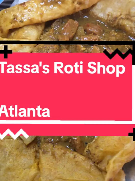 Tassa's Roti Shop in Marietta showing restaurant visit, trinidadian food, curry conch buss up shut parking, video by antlantaeats on TikTok