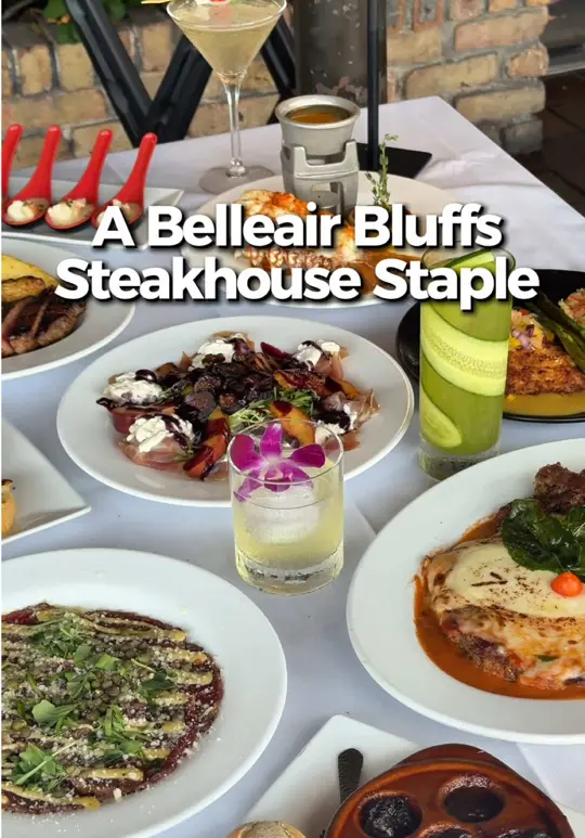 Tavern in the Bluffs in Belleair Bluffs showing food, peach prosciutto burrata salad, food, escargot, food, chateaubriand, food, kansas city strip, video by eatlocalflorida on TikTok