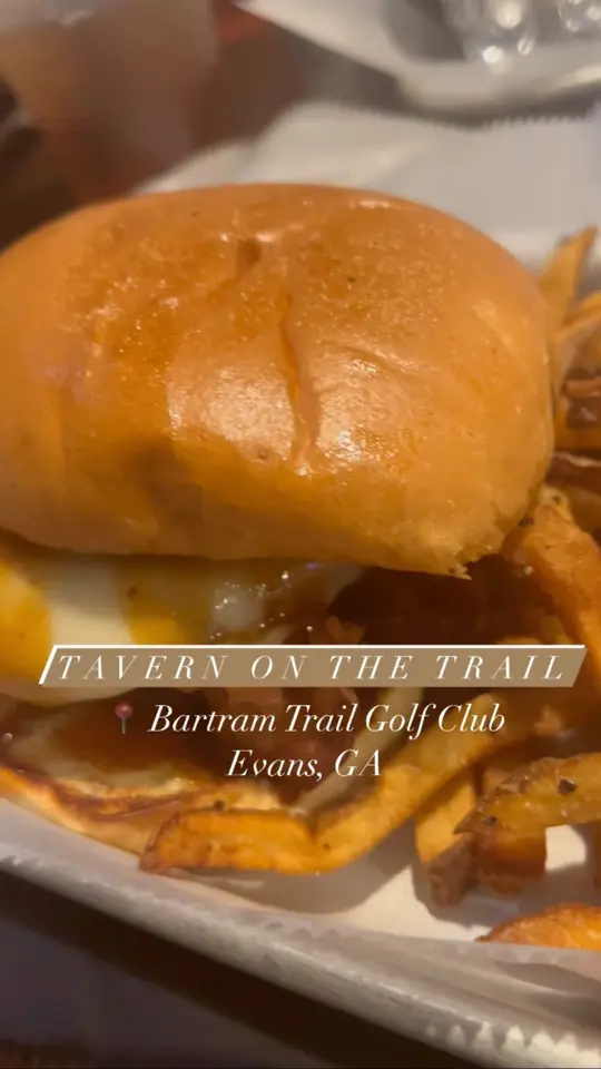 Tavern on the Trail in Evans showing food, kicking chicken sandwich / food, classic burger / food, philly cheesesteak egg rolls / food, chicken quesadillas, video by Visit Columbia County, GA on Facebook