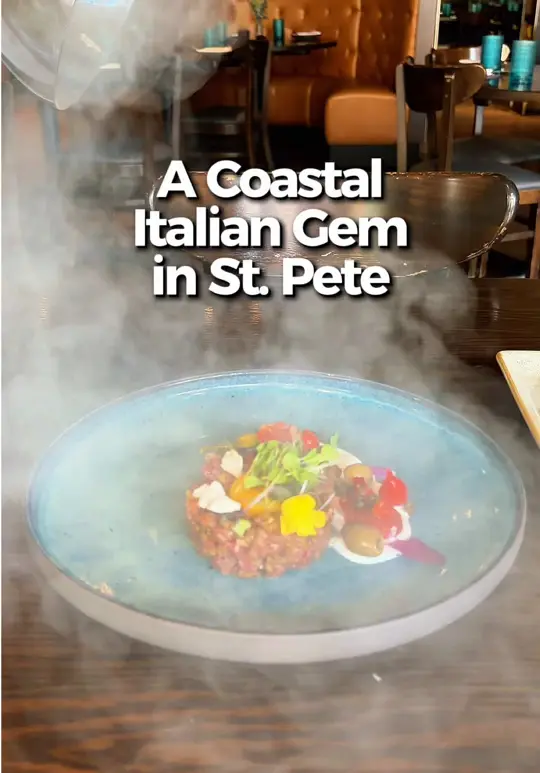 Taverna Costale in St. Petersburg showing food, burrata smoked pancetta, meatballs, tableside smoked tartare filet mignon, scallop & squid ink pasta, video by eatlocalflorida on TikTok
