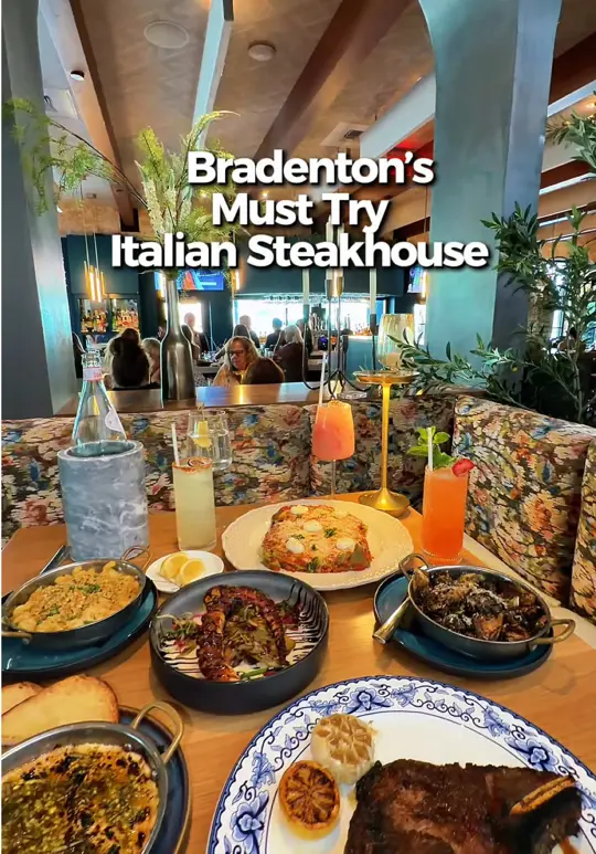 Taverna Toscana in Bradenton showing food, cast iron caprino, grilled octopus, lasagna al tavolo, video by eatlocalflorida on TikTok