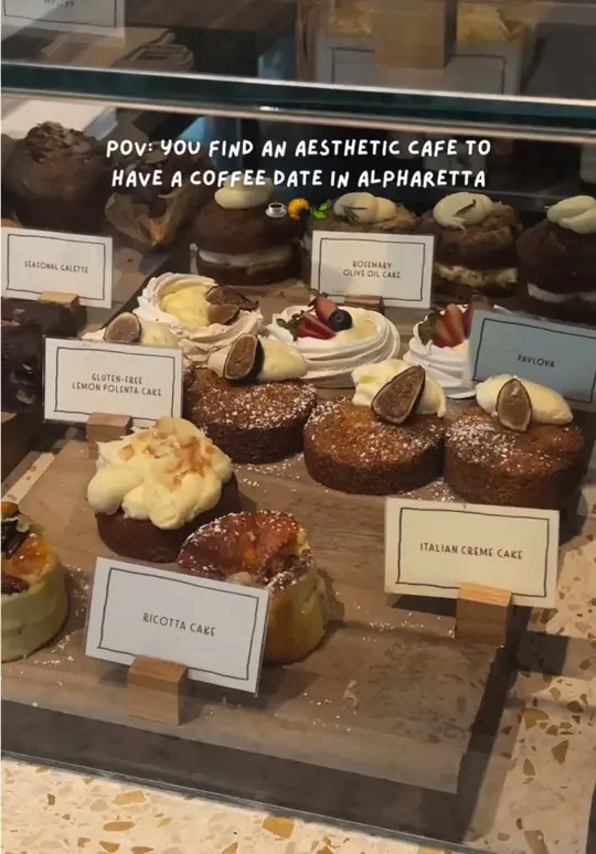 TBB 122 in Alpharetta showing cafe, restaurant, pastries, baked goods, iced fairy garden matcha latte, the dirty earl, basque cheesecake, video by youratlbesties on TikTok