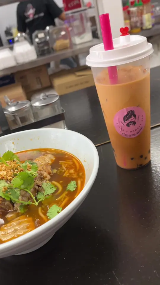 Tbreak Pho & Boba in Warner Robins showing oxtail soup, thai iced tea, korean bbq short ribs, orange dragon soda, pocky sticks, peach goku soda, video by vvvraw on TikTok