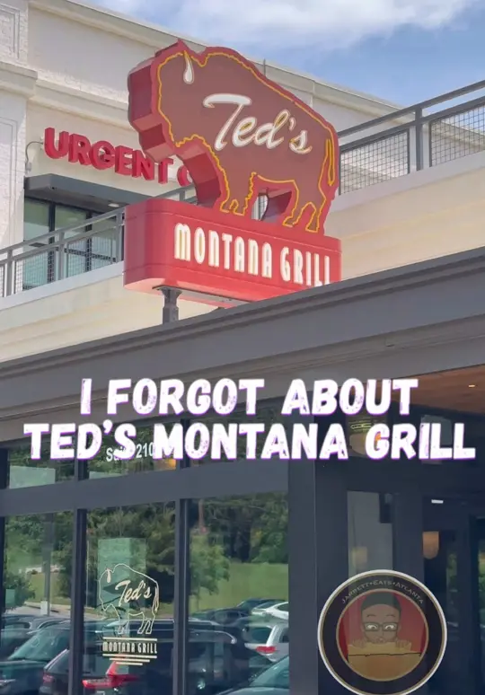 Ted's Montana Grill in Alpharetta showing review, visit, burger, mushroom burger, bacon cheeseburger, onion rings, video by jarrettisnotimpressed on TikTok