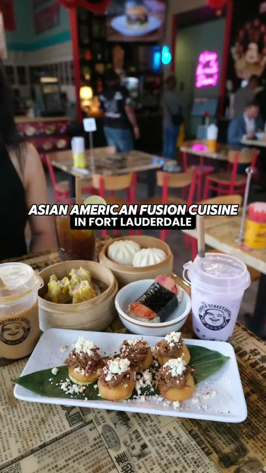 Temple Street Eatery in Fort Lauderdale showing restaurant, dim sum, char siu bao, spam musubi, chicken shumai, ube latte, sakito, video by zackaryeats on TikTok