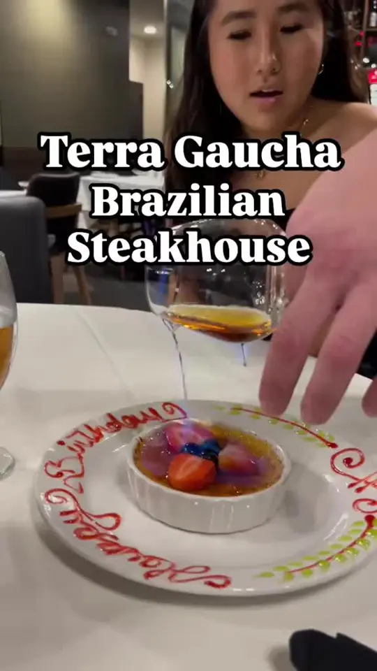 Terra Gaucha Brazilian Steakhouse - Tampa in Tampa showing review, dining experience, server brian, manager mirza, salad bar, chicken salad, potato salad, lobster bisque, grilled salmon, shrimp, baked cinnamon pineapple, video by miholovestoeat on TikTok
