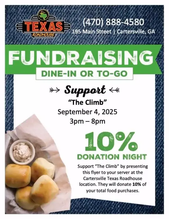 Texas Roadhouse in Cartersville showing dine to donate, fundraiser, community support, video by The Climb- Team Cartersville on Facebook