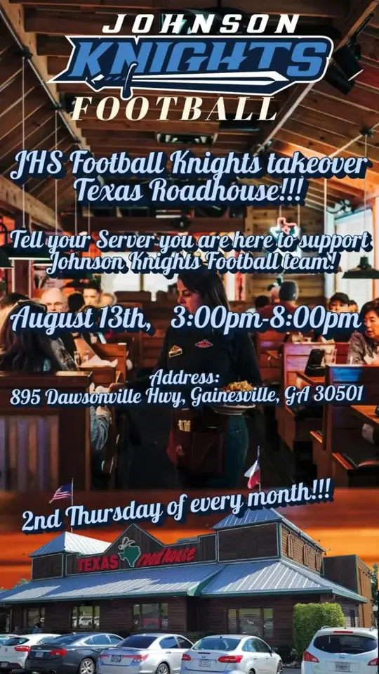 Texas Roadhouse in Gainesville showing event, community fundraiser, dine-in, to-go, video by Johnson Knights on Facebook