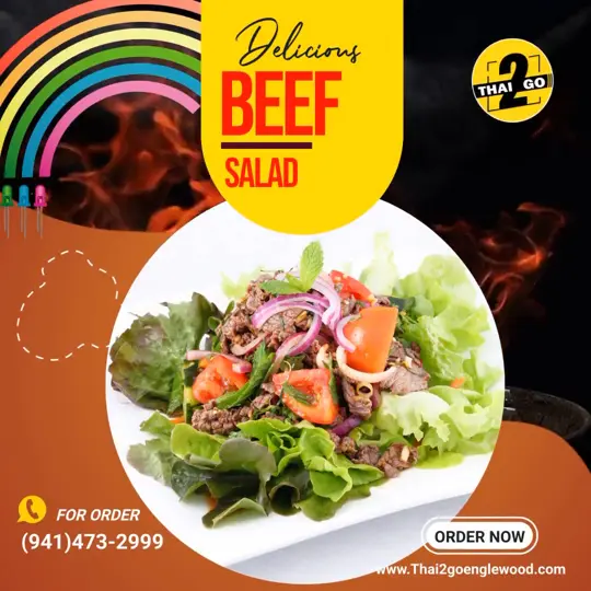 Thai 2 Go in Englewood showing food, beef salad, video by Thai 2 Go on Facebook