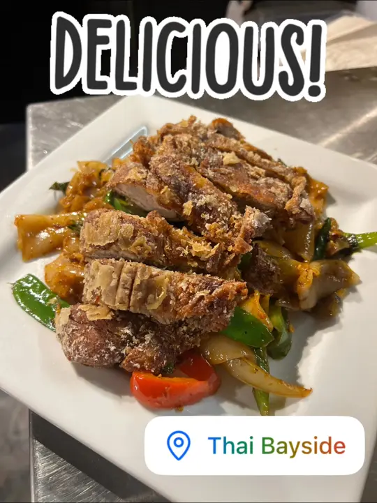 Thai Bayside in Palm Bay showing food, drunken noodle with crispy duck, video by Thai Bayside on Facebook
