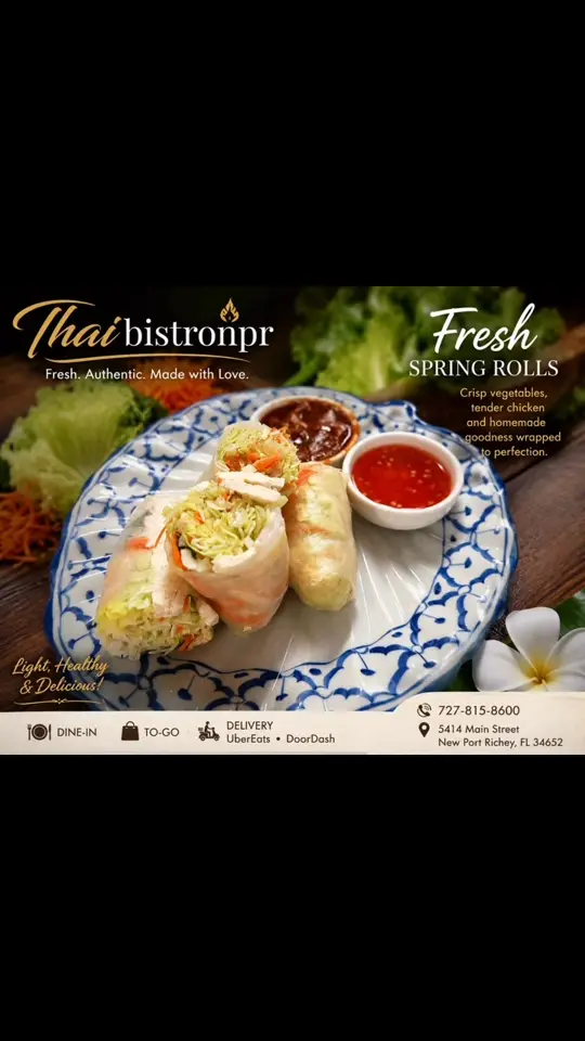 Thai Bistro in New Port Richey showing food, fresh spring rolls, video by Thai Bistro. Main Street NPR. on Facebook