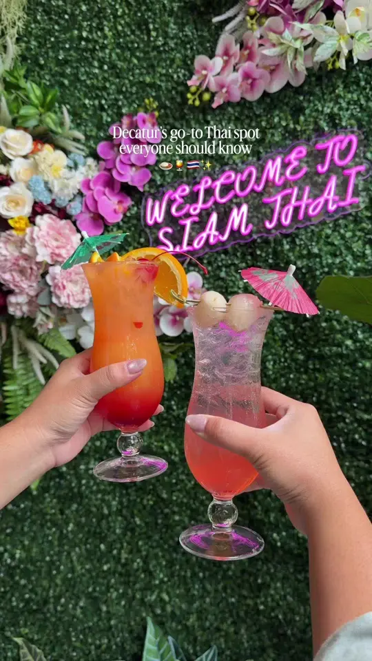 Thai in Decatur in Decatur showing food, starter platter / food, neua daad deaw (thai beef jerky) / food, basil duck / food, tom yum soup / food, pad thai with, video by youratlbesties on TikTok