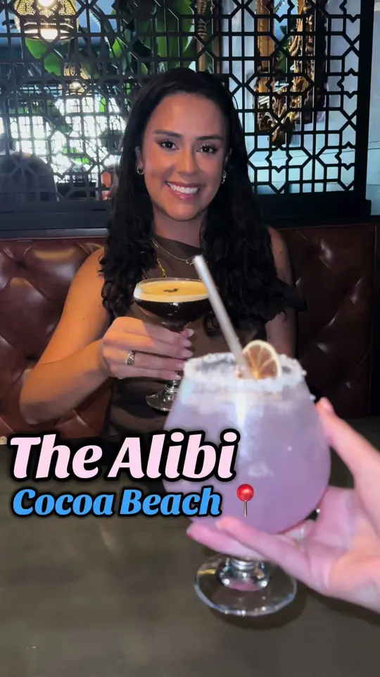 The Alibi Cocktails & Bites in Cocoa Beach showing visit, cocktail, espresso martini, video by cfomoneyfoproblems on TikTok