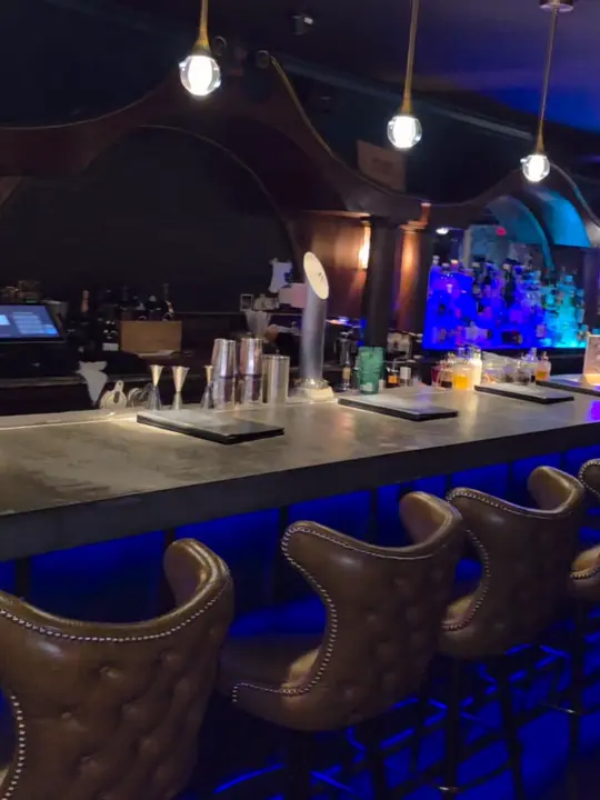 The Alibi Cocktails & Bites in Cocoa Beach showing review, visit, atmosphere, outdoor bar, retro interior, video by unapologetically_jael on TikTok
