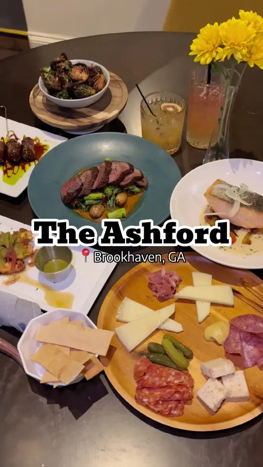 The Ashford in Brookhaven showing food, small charcuterie board / food, bacon-wrapped dates / food, shrimp skewers / food, brussels sprouts / food, bistro steak / food, salmon /, video by atlanta_foodyyyyy on TikTok