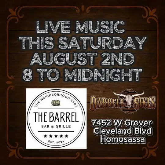 The Barrel Bar & Grille in Homosassa showing live music, country music, video by Darrell Sikes Band on Facebook