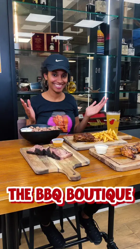 The BBQ Boutique in Coconut Creek showing restaurant visit, barbecue, smoked brisket, video by brieatsmiami on TikTok