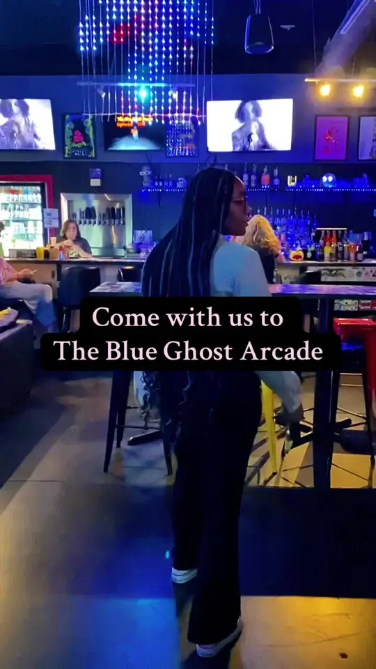 The Blue Ghost Arcade in Woodstock showing drinks, atmosphere, visit, video by thelinkspaces on TikTok