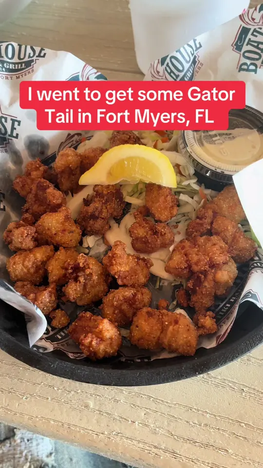 The Boathouse in Fort Myers showing food review, gator tails, video by playsoface239 on TikTok