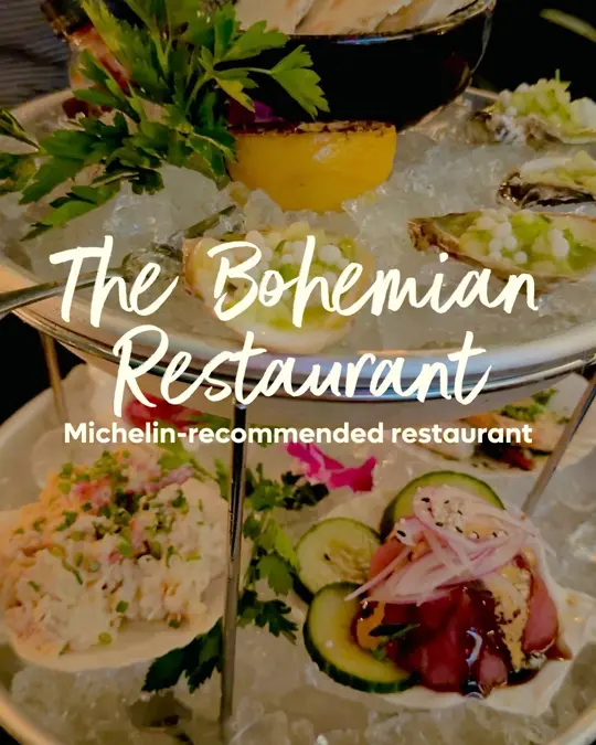 The Bohemian Restaurant in Bonita Springs showing restaurant visit, seafood tower, japanese sweet potato, globally inspired flavors, moody vibe, video by Visit Fort Myers on Facebook