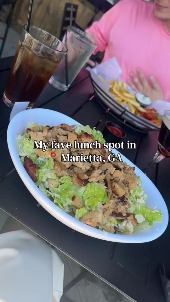 The Brass Tap in Marietta showing food review, lunch special, burger, pizza, salad, video by noe_alysabeth on TikTok
