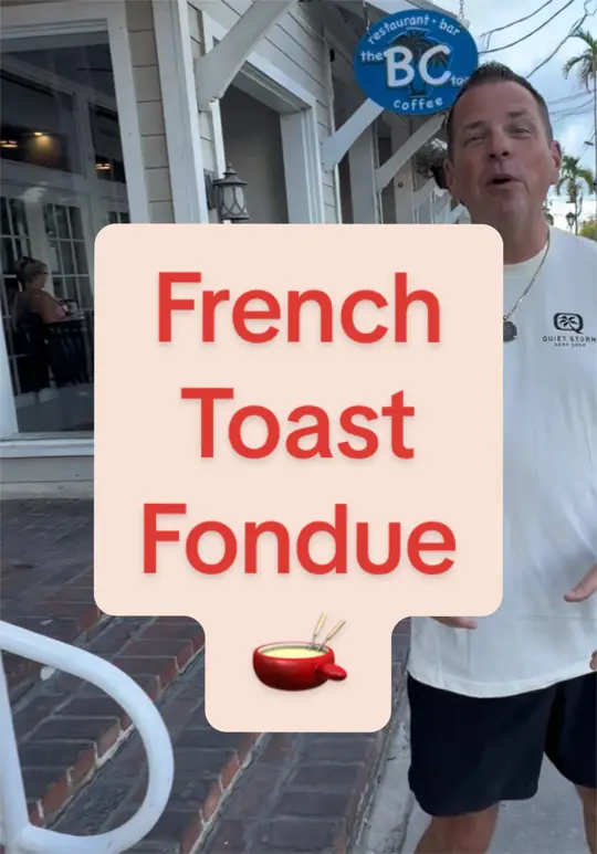 the breakfast club, too in Key West showing french toast fondue, caramel dipping sauce, fresh fruit, video by keywestshawn on TikTok