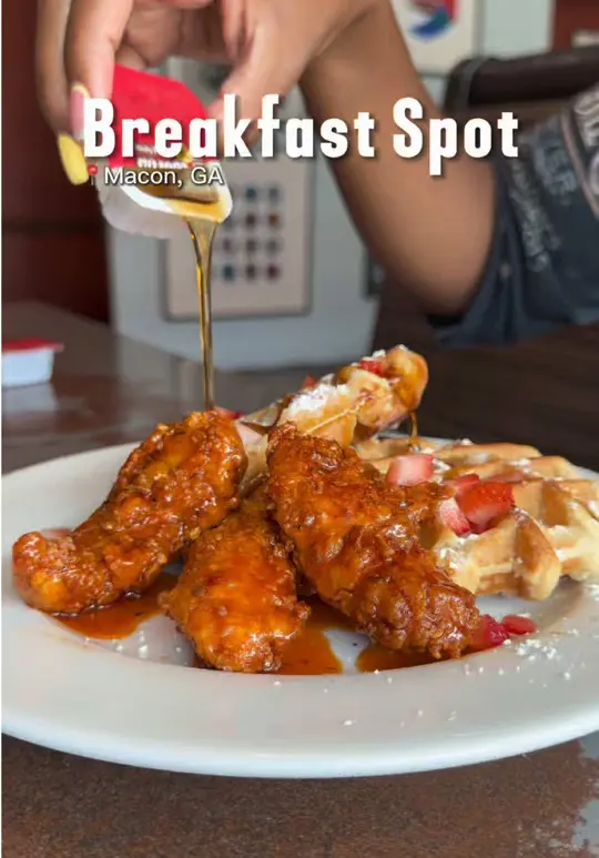 The Brick Macon in Macon showing breakfast, chicken and waffles, video by marleamarshey on TikTok