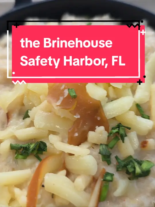 The Brinehouse in Safety Harbor showing food, chicken french dip, fries, gouda grits, video by foodnstuff597 on TikTok