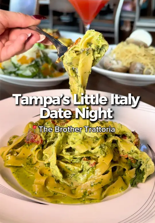  in Florida showing food, fettuccine pesto, insalata di finocchio, filetto, salsiccia pizza, video by eatlocalflorida on TikTok