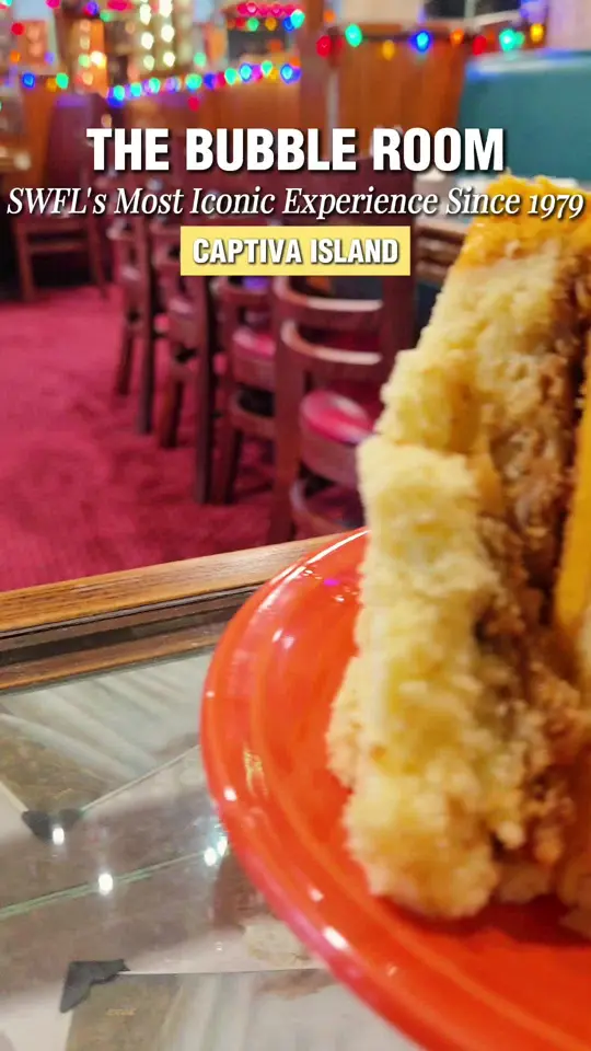 The Bubble Room Restaurant in Captiva showing restaurant, cake, christmas decorations, nostalgic feel, video by swflfoodjunkie on TikTok