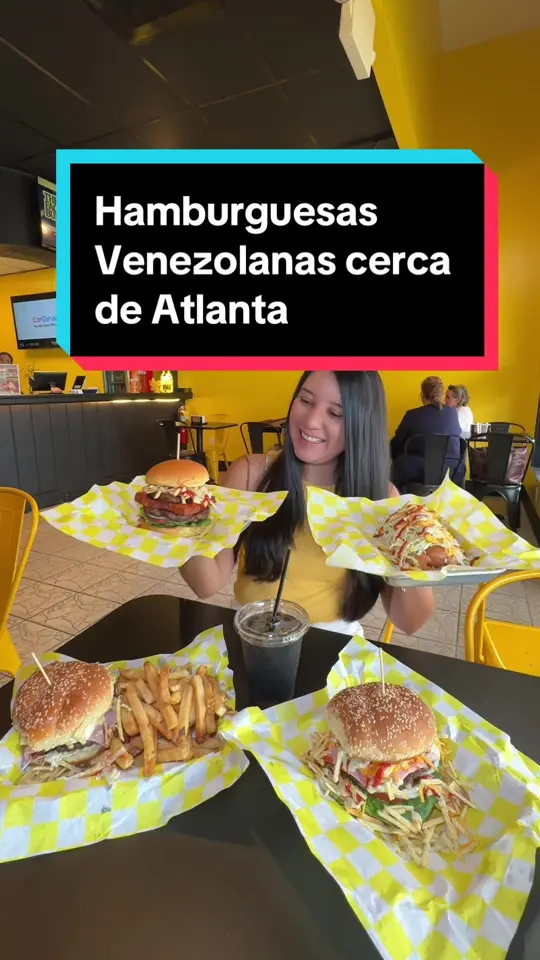 The Burger Factory TBF in Johns Creek showing food review, burger, la maracucha, la caraqueña, the tropical, tequedog, video by marymatheustraveler on TikTok