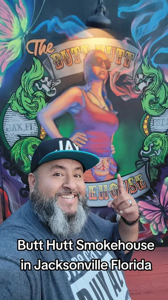The Butt Hutt Smokehouse in Jacksonville showing restaurant visit, pulled pork platter, baked beans, collards, corn nuggets, video by bigrichknowsjax on TikTok