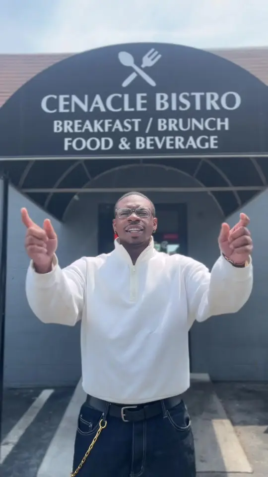 The Cenacle Bistro in Austell showing all-day breakfast, chicken & waffles, shrimp & grits, breakfast burritos, omelettes, honey chicken biscuits, video by thecenaclecoffee on TikTok