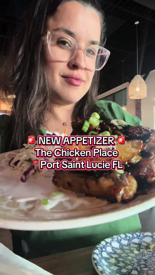 The Chicken Place Latin Rotisserie & Cocktail Bar in Port St. Lucie showing food, pork masitas, carne asada tacos, baby back ribs, cocktail bar, video by mamaeatsworld on TikTok