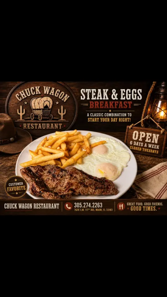The Chuckwagon Restaurant Miami in Florida showing food, grilled steak, eggs, crispy fries, video by Chuckwagon restaurant on Facebook