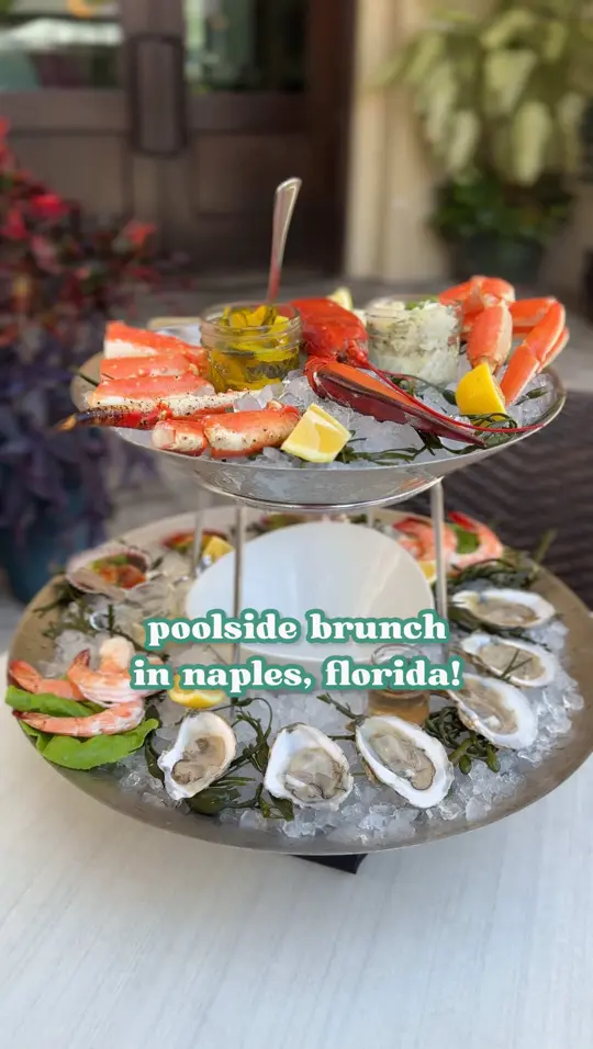 The Claw Bar in Naples showing review, visit, atmosphere, seafood tower, bloody mary, pancakes, eggs benedict, video by naplesnoms on TikTok