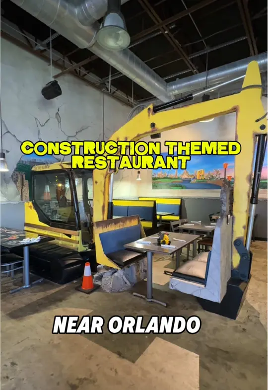 The Construction Zone Restaurant in Kissimmee showing review, visit, construction-themed decor, bar seating, diverse menu items, kids-friendly atmosphere, video by cheatdayorlando on TikTok