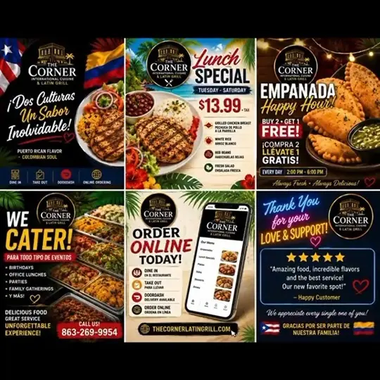 The Corner International Cuisine & Latin Grill in Avon Park showing food, cortes premium a la parrilla, mariscos frescos, empanadas caseras, mofongo tradicional, especialidades colombianas y puertorriqueñas, có, video by The Corner International Latin Grill on Facebook