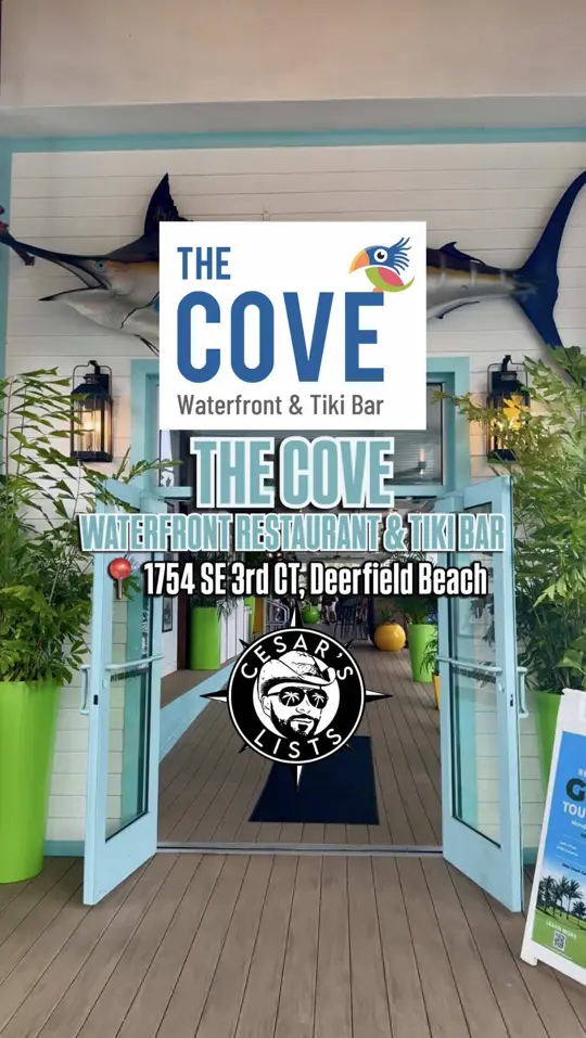 The Cove Waterfront in Deerfield Beach showing review, visit, atmosphere, open-air setting, intercoastal views, cove b cocktail, video by cesarslists on TikTok