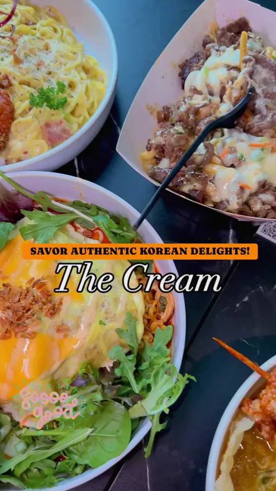 The Cream in Duluth showing restaurant visit, korean food, bulgogi fries, crispy shrimp and waffles, fire chicken ramen, video by servinglooksatl on TikTok