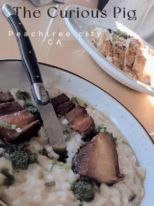 The Curious Pig in Peachtree City showing visit, review, video by steph.the.food.cr on TikTok