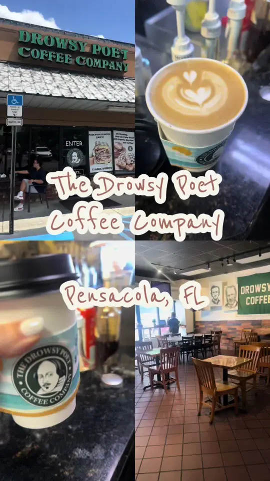 The Drowsy Poet Coffee Company in Pensacola showing coffee, flat white heart design, indoor outdoor experience, food, pastries, video by heyfunessa on TikTok