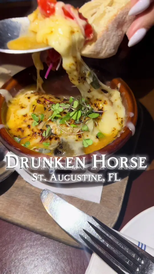 The Drunken Horse St. Augustine in St. Augustine showing restaurant visit, atmosphere, food, ratatouille, escargot, video by willworkforheels on TikTok
