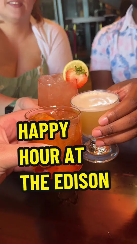 The Edison in Lake Buena Vista showing cocktail, buffalo trace old-fashioned, cocktail, the edison, cocktail, strawberry fields, bite, cracklins, bite, spinach parmesan dip, bite, fried pickle spears, video by briantreks on TikTok