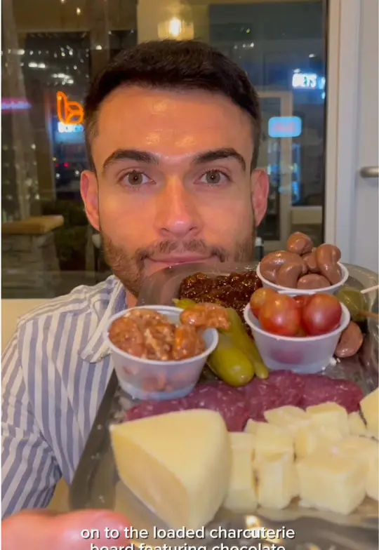 The Fig & Barrel in Boynton Beach showing review, mortadella & burrata, brazilian chicken croquettes, loaded charcuterie board, triple cream brie, ground beef croquettes, burnt end cheesecake, video by j.dovalle1 on TikTok